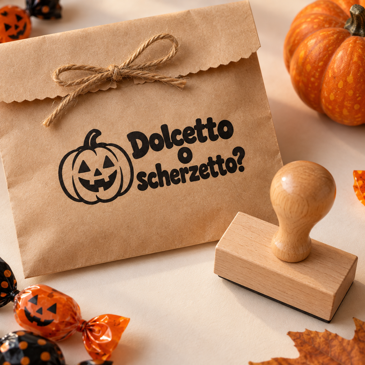 Timbro Halloween Zucca su sacchetto kraft: immagine ambientata illustrativa