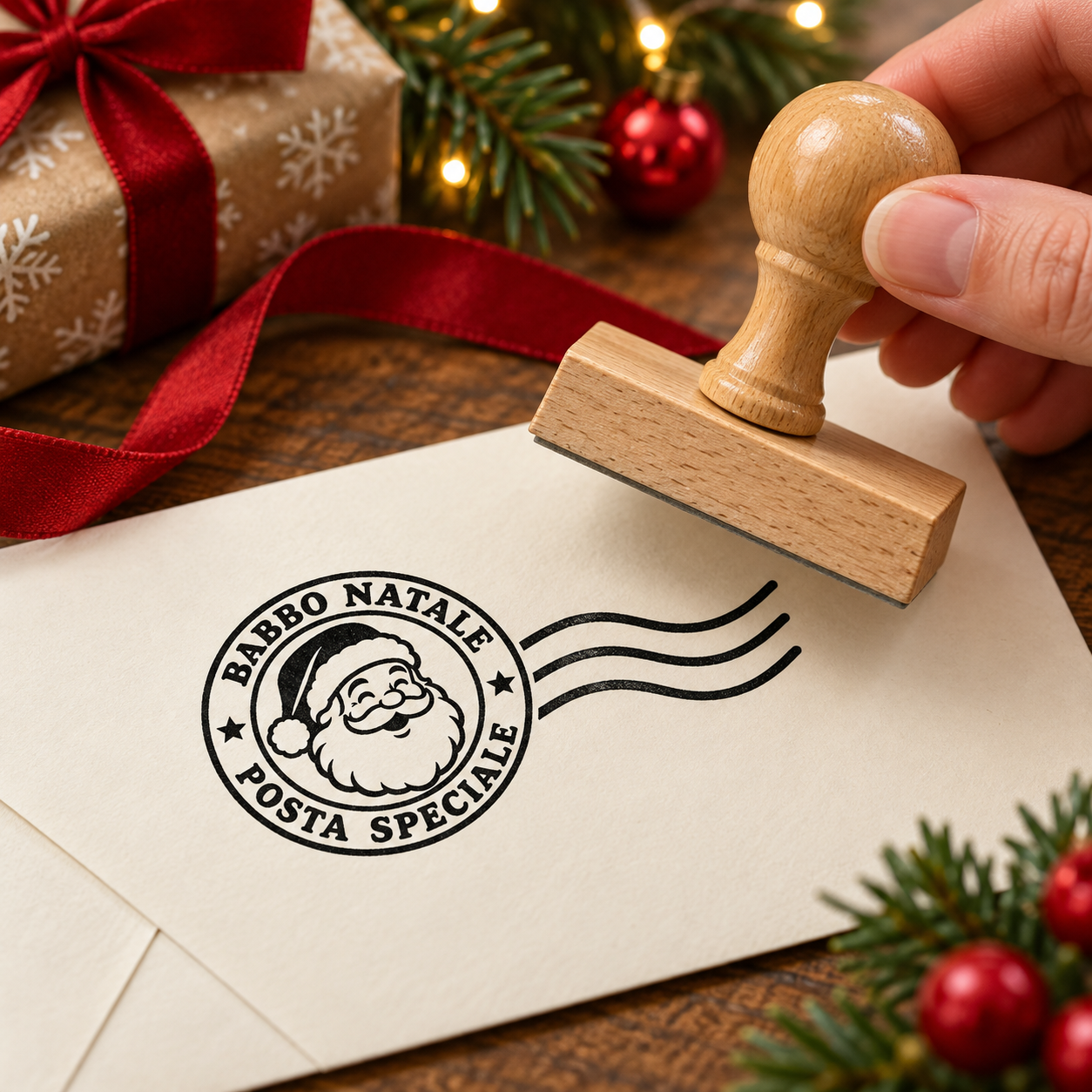 Ambientazione illustrativa natalizia del timbro Posta di Babbo Natale in legno 50x25 mm