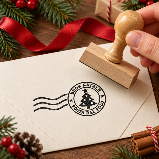 Ambientazione illustrativa natalizia del timbro Buon Natale in legno 50x25 mm