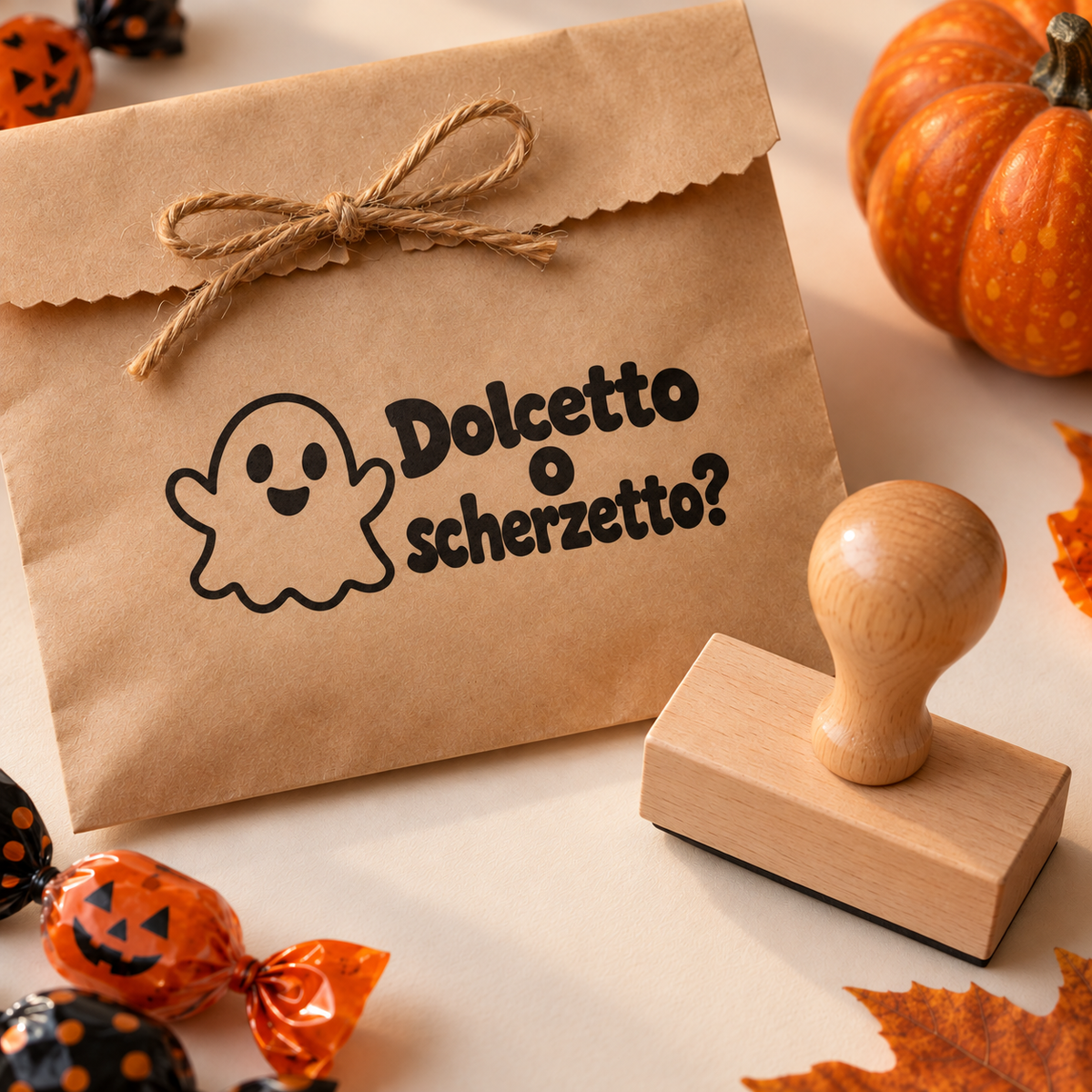 Timbro Halloween Fantasma su sacchetto kraft: immagine ambientata illustrativa
